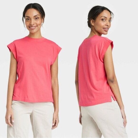 A New Day Coral Short Sleeve Extended Shoulder T-Shirt Size Medium - Picture 1 of 8